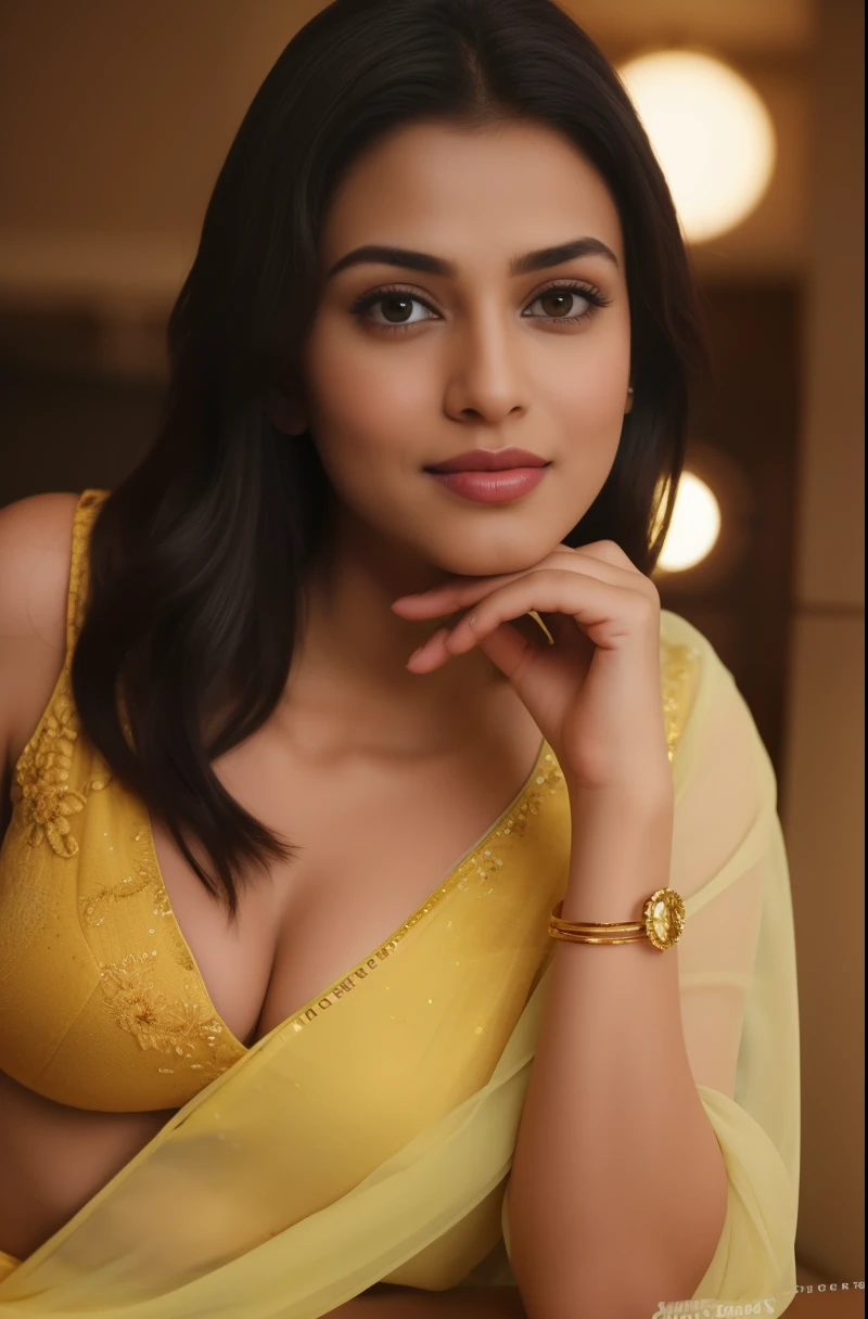 a close up of a Indian model woman in a yellow blouse and white scarp posing for a picture,beautiful natural lips with Bollywood Light lips, beautiful look, actress, pretty face!!, seductive Breasts, desi seductive smile, cute woman, candid photograph, breathtaking look, navel, cheeks, beautiful model, beautiful woman, seductive smile, shot on canon camera, beautiful face!!!!, very seductive pose, beautiful, stunning woman, [ colourful, seductive expression, cheeks, navel, beautiful pose, beautiful cute, posing, pretty, cute beautiful, (cinematic:1.3), intricate details, (ArtStation:1.2), moody, private study:1.3) POV, by lee Jeffrey, Nikon d850, film stock photograph ,4 Kodak portra 400 ,camera f1.6 lens,hyper realistic ,lifelike texture, dramatic lighting , cinestill 800, realistic,candid picture, by Max Dauthendey, dull colours