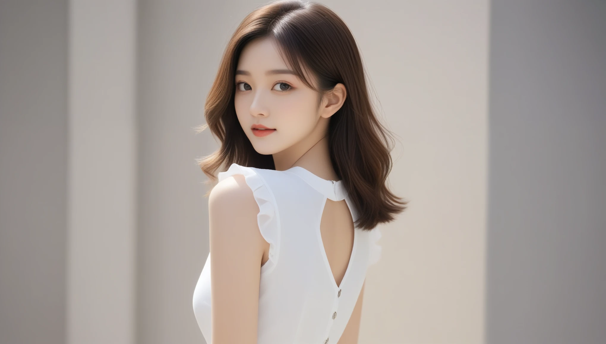 8k, 超High resolution, highest quality, masterpiece, Surreal, photograph, 1 girl, (16 years old:1.3), cute女の子, cute顔, Beautiful eyes in every detail, 細かくdetailedに,masterpiece,Japan Female Announcer, highest quality, High resolution, One girl, Cropped tops, skirt, sun, sunlight, Upper Body, Long and gorgeously wavy hair, Warm colors, White short dress, White clothes, Glowing colorful light background, Daytime environment, Light color background, Sandy Beach, cute,、Dynamic pose、 Sexy pose、See through 、Looking at the audience、beauty,Long neck、Laugh a little、Please close your mouth and laugh、(((Ideal body type))),A-cup small breasts :2,Perfect Anatomy、鮮明なdetailed、detailed、Surreal、Light and shadow,Strong light,Fashion magazine cover,Thin lips