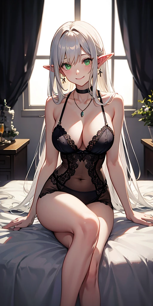 portrait of a hourglass shaped elf with (long white hair behind ear, straight bangs), (necklace, earrings), (glowing eyes, green eyes), (seductive smile:1.3), eye contact, (black embroidered lingerie), cleavage, close to a window, sitting on a chair crossed-leg, bedroom, (morning), god rays, ray tracing, best quality, 16k, masterpiece