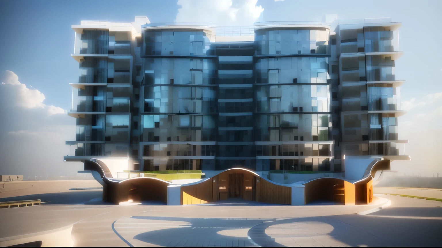 arafed view of a building with a curved walkway and a curved walkway, architectural render, complex 3 d render, complex 3d render, wide establishing shot, architecture render, architectural concept, architectural 3 d render, full building, front perspective, perspective view, architectural rendering, in style of 3d render, realistic building, conceptual, realistic architecture, 2 d render