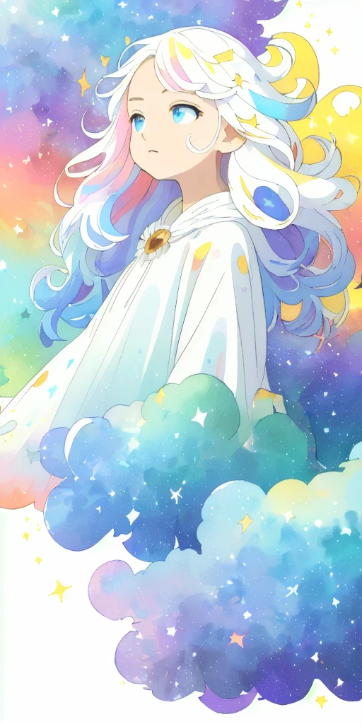 ((masterpiece)), (((best quality))), ((ultra-detailed)), ((illustration)),[realism light effect],shadow,(Fantasy style),(white background:1.6), simple background, (earth theme),(a cloak)[(hair focus,((1girl)),[(big slime hair): (cloud hair):0.3], (hair on background),(high saturation),(hair surrounded by galaxy splashes),)):((her hair is becoming galaxy clouds,:1.27628), (hair and clothes is galaxy clouds and cluster of stars:1.1025),(a cloak is becoming galaxy clouds)(colorful_galaxy_print_clusters_of_stars_print:1.35),((detailed starry sky with colorful galaxy and galaxy clouds):1.2)):0.35], (((masterpiece))),(((best quality))),((ultra-detailed)),(illustration),(dynamic angle),((floating)),(paint),((disheveled hair)),((beautiful detailed face)),collar,bare shoulders, ((colorful hair)),((streaked hair)),beautiful detailed eyes,(Gradient color eyes),(((colorful eyes))),(((colorful background))),(((high saturation))),(((surrounded by colorful splashes))),(((surrounded by colorful dot))),colorful bubble,((shining)),