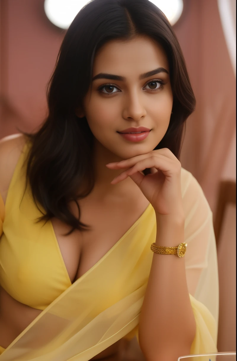 a close up of a Indian model woman in a yellow blouse and white scarp posing for a picture,beautiful natural lips with Bollywood Light lips, beautiful look, actress, pretty face!!, seductive Breasts, desi seductive smile, cute woman, candid photograph, breathtaking look, navel, cheeks, beautiful model, beautiful woman, seductive smile, shot on canon camera, beautiful face!!!!, very seductive pose, beautiful, stunning woman, [ colourful, seductive expression, cheeks, navel, beautiful pose, beautiful cute, posing, pretty, cute beautiful, (cinematic:1.3), intricate details, (ArtStation:1.2), moody, private study:1.3) POV, by lee Jeffrey, Nikon d850, film stock photograph ,4 Kodak portra 400 ,camera f1.6 lens,hyper realistic ,lifelike texture, dramatic lighting , cinestill 800, realistic,candid picture, by Max Dauthendey, dull colours