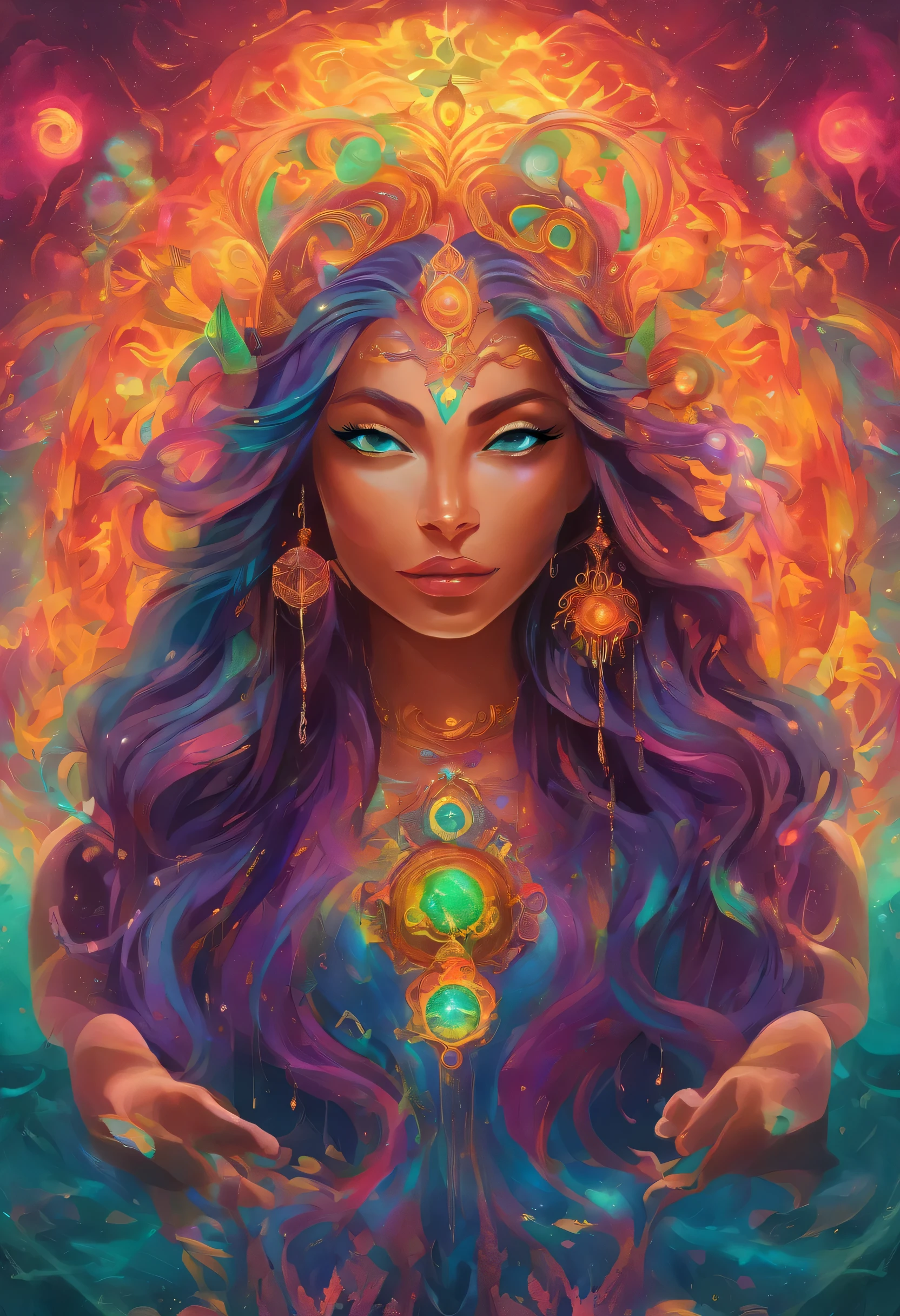 A witch goddess with flowing hair and a glowing halo floating above her head, casting powerful and mesmerizing spells. She has piercing green eyes that are filled with ancient wisdom and a mischievous smile on her lips. Her skin radiates with a golden glow, reflecting her divine power. She is adorned in a flowing robe made of fine silk, adorned with intricate patterns and symbols that represent magic and mysticism. The atmosphere around her is filled with an ethereal mist, sparkling with iridescent colors. The scene is bathed in soft, warm lighting, casting a magical glow on everything around her. The spells she casts form beautiful trails of glowing particles, swirling and dancing in the air. The entire image is of the highest quality, with ultra-detailed features and vibrant colors, creating a mesmerizing masterpiece.