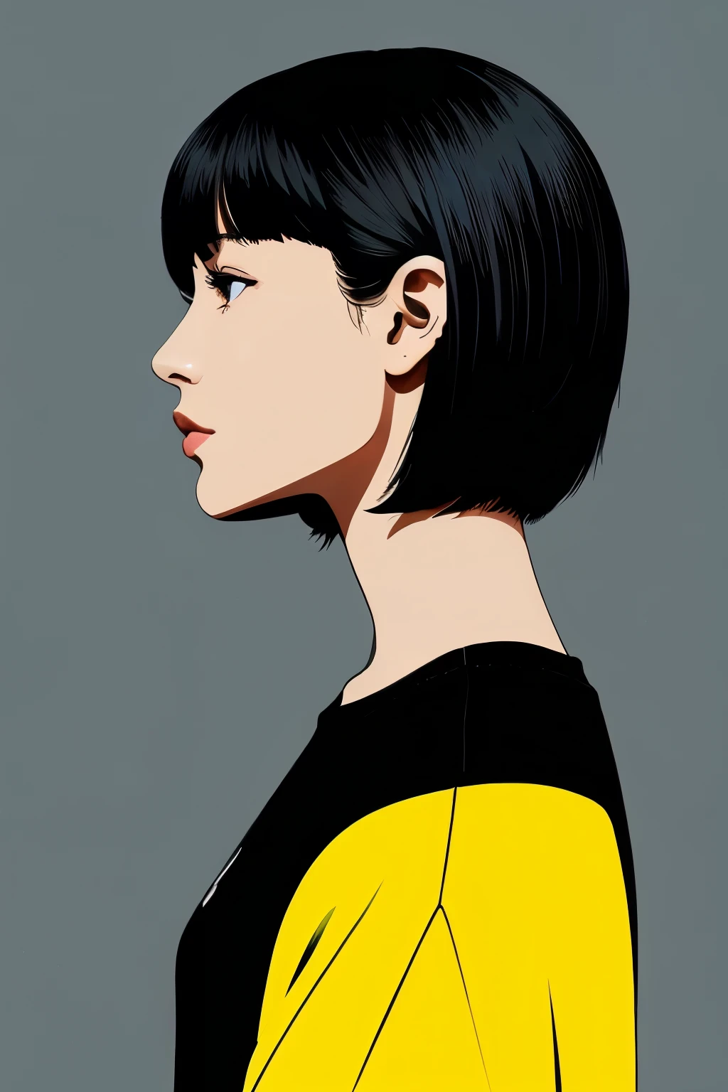 alone, One girl, profile,Black Bob,　profile,  The background color is solid yellow,An illustration