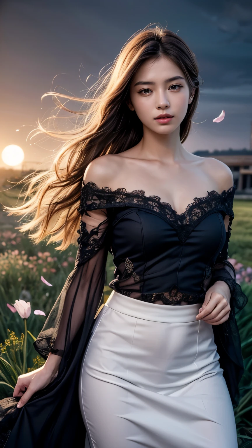 masterpiece, best quality, 1girl, (colorful),(finely detailed beautiful eyes and detailed face),cinematic lighting, bust shot, extremely detailed CG unity 8k wallpaper, white hair, solo, smile, intricate skirt,((flying petal)),(Flowery meadow) sky, cloudy sky, building, moonlight, moon, night, (dark theme:1.3), light, fantasy,