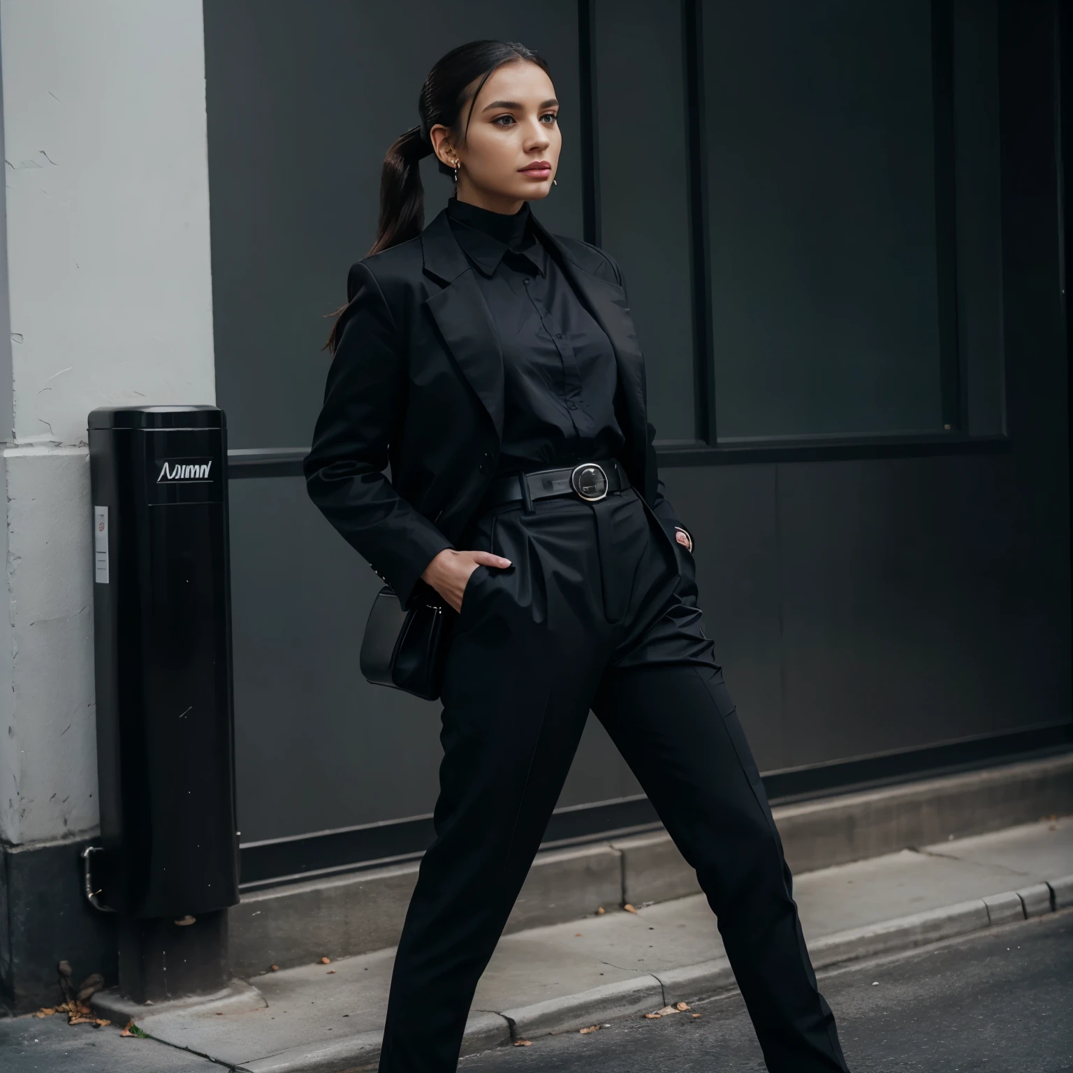 Full image of an lady in formals black pant with belt black coat light blue shirt black heels black bag watch pearl earrings and sleek pony tail