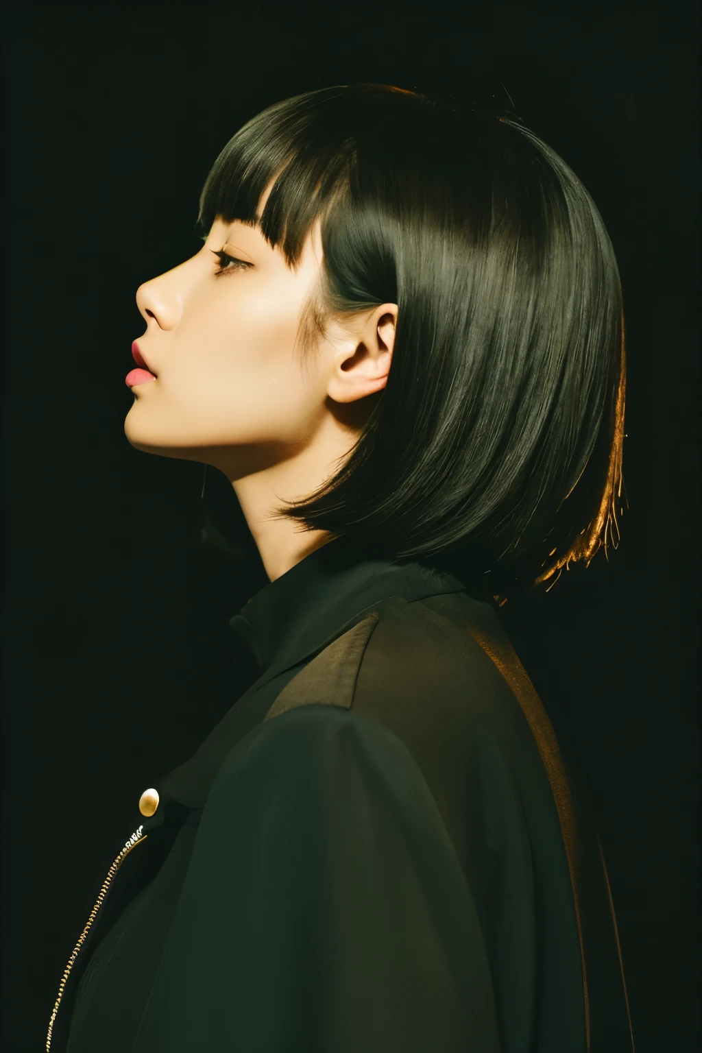 alone, One girl, profile,Black Bob, profile, The background color is solid yellow,An illustration