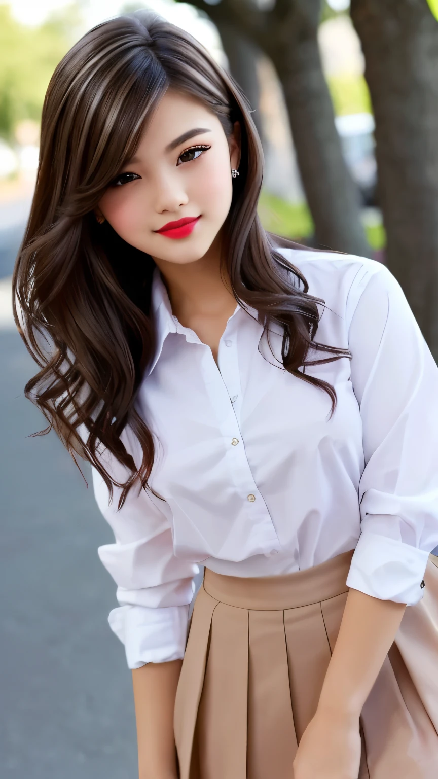 beautiful girl, brown eyes, beautiful 18 year old girl, Brown highlights hair, undercut pixie hair, short hair, lips, realistic, narrow waist, charming, pink lipstick, colorful makeup, long eyelashes, fair skin, (cute), (detailed face), detailed eyes, detailed iris, (large breasts:1.2), (full body:1.2), ((white shirt, pleated miniskirt)), (school)