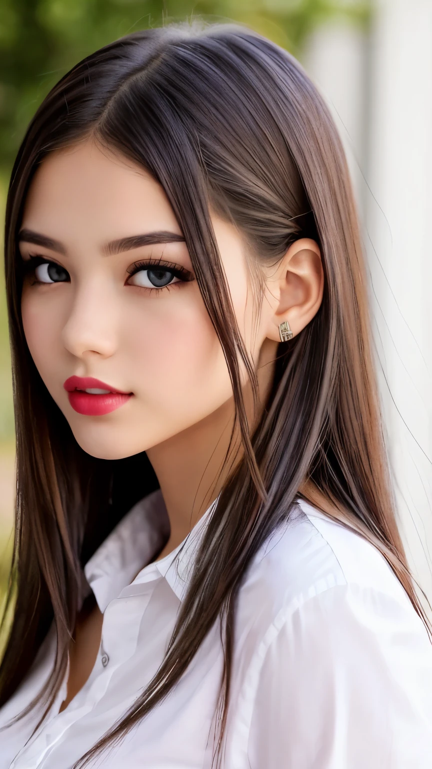 beautiful girl, brown eyes, beautiful 18 year old girl, Brown highlights hair, undercut pixie hair, short hair, lips, realistic, narrow waist, charming, pink lipstick, colorful makeup, long eyelashes, fair skin, (cute), (detailed face), detailed eyes, detailed iris, (large breasts:1.2), (full body:1.2), ((white shirt, pleated miniskirt)), (school)