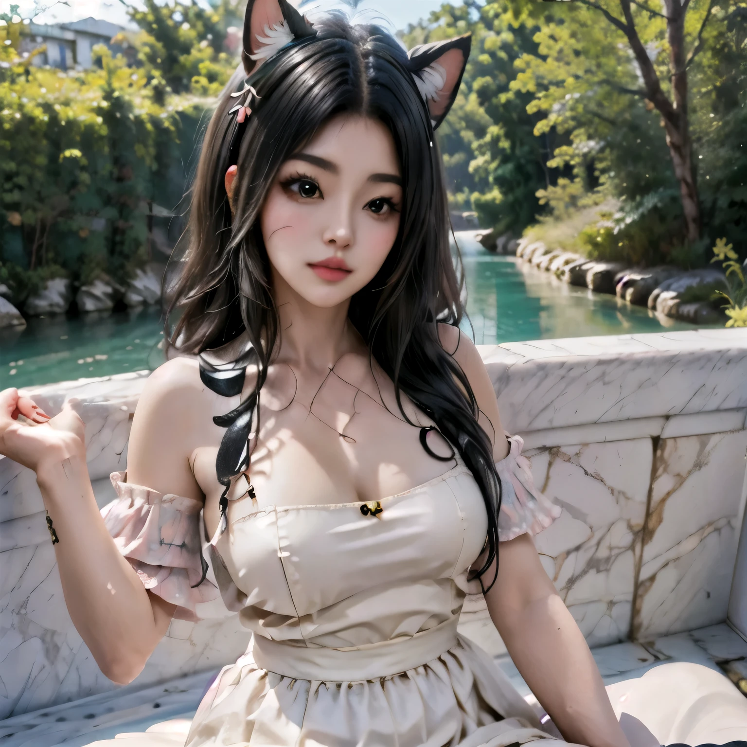 junkotvv((obra maestra, best quOty)),mixes reOstic and fantastical elements, imagen UHD,O,lindo,cosplay,mirando al espectador,(pechos moderados:1.1),nueve colas, orejas largas,(cabello ondulado largo:1.2),(luz detallada) , pluma, hojas, Naturaleza, (luz de sol), river, (bosque),(bloom),