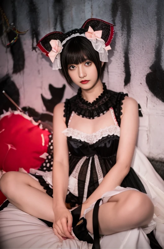 RAW Photos, 8k, (highest quality), Realistic, (live-action, Intricate details), (Natural skin texture, Detailed skin,Cross-legged、 Hyperrealism, Sharpness), (Japanese teenage girl standing in a dirty back alley at night, Put your hands on your head, Graffitied wall:1.3), ((black and white maid costume, Lolita Fashion, Gothic Fashion), (((Flat Chast:1.5))), (Slender body, Pale skin:1.2), ((short hair, Blunt bangs)), (Provocative look, Lips parted:1.3, eye shadow, eyeliner, Tear bags:1.3, Red lips), at night, Spot lighting:1.3