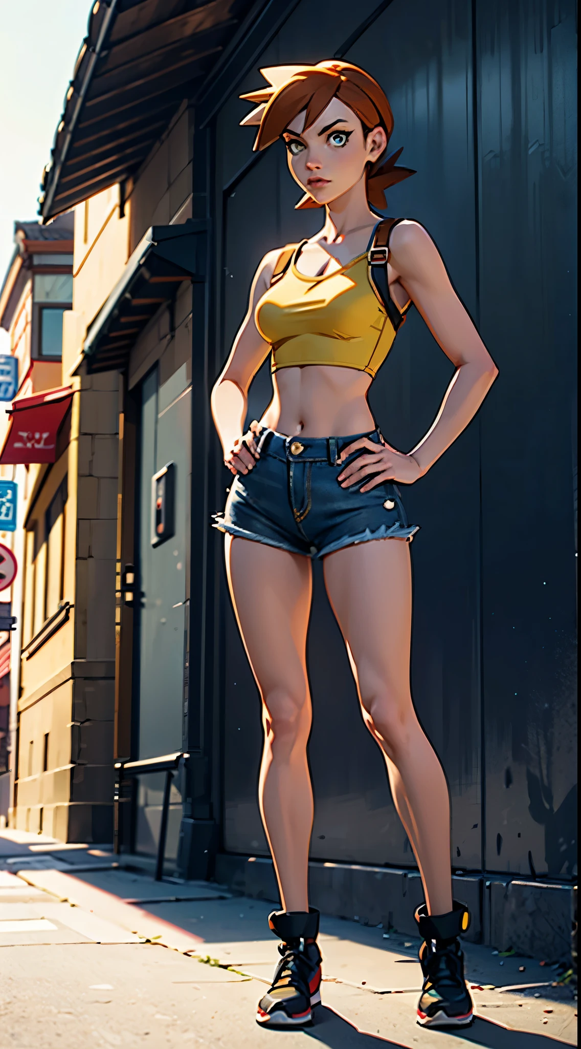 1 female, solo, Misty from Pokemon, masterpiece, very detailed, EnvyBetterHands LoCon, standing position, streets background, realistic body proportion, wearing a denim short, yellow crop top with straps, EnvyBetterHands LoCon
