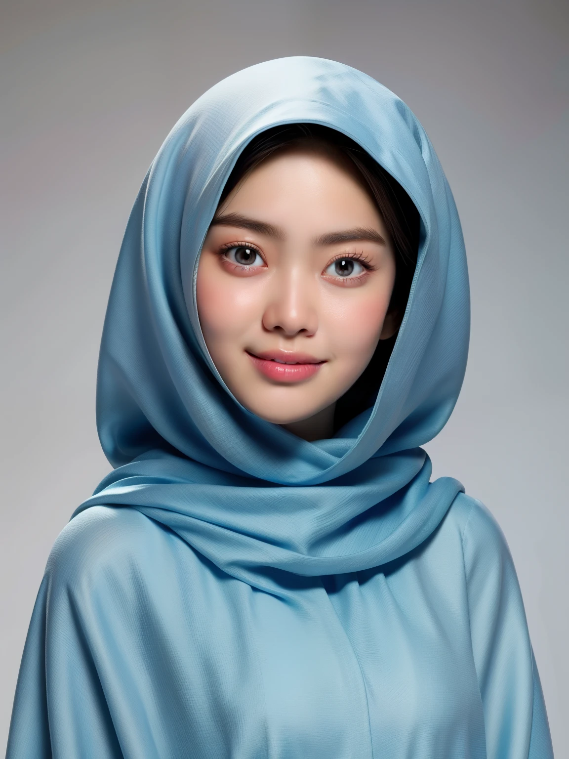 (Masterpiece: 1.4, Best Quality): This exquisite 8k wallpaper showcases full body portrait of Indonesian girl in elegant detail. Dressed in a full covered cloth long, beautiful light blue hijab and jubba thobbe, she exudes an air of tranquility and aesthetic beauty. The perfect lighting illuminates her every feature, revealing intricate details of her slim body and medium-sized, covered breasts. Her face is a portrait of perfection, with highly detailed facial features including subtle blush and a captivating expression that plays with the eyes, rolling, crossed, or simply expressive. The background is equally detailed, bursting with unity and realism. (Solo)