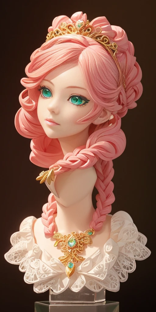 tmasterpiece,Highest high resolution,Beautiful bust of a royal lady,Delicate pink braided hair,Green clear eyes,The hair is covered with beautiful and delicate floral craftsmanship, Crystal jewelry filigree,Ultra-detailed details,upscaled。Soft lighting