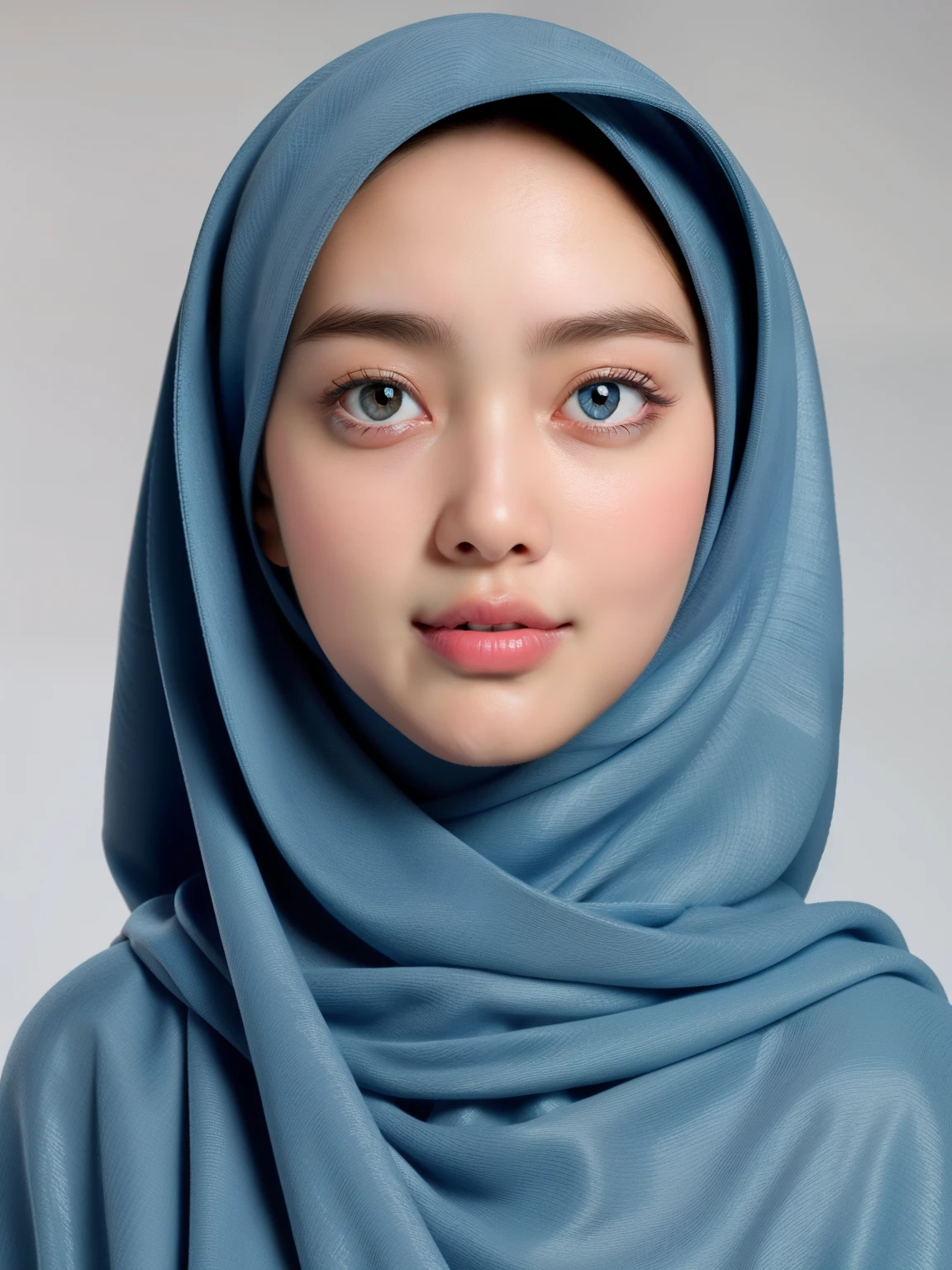 (Masterpiece: 1.4, Best Quality): This exquisite 8k wallpaper showcases full body portrait of Indonesian girl in elegant detail. Dressed in a full covered cloth long, beautiful light blue hijab and jubba thobbe, she exudes an air of tranquility and aesthetic beauty. The perfect lighting illuminates her every feature, revealing intricate details of her slim body and medium-sized, covered breasts. Her face is a portrait of perfection, with highly detailed facial features including subtle blush and a captivating expression that plays with the eyes, rolling, crossed, or simply expressive. The background is equally detailed, bursting with unity and realism. (Solo)