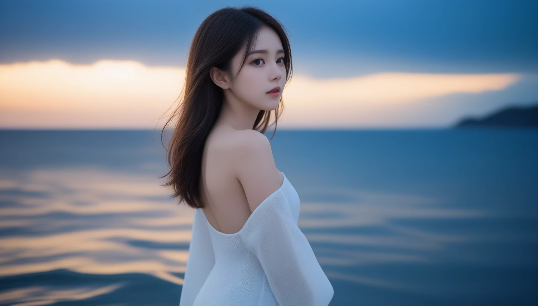 8k, Ultra-high resolution, highest quality, masterpiece, Surreal, photograph, girl1名, (:1.3), かわいいgirl, Cute Face, Beautiful eyes in every detail, 細かくdetailedに,masterpiece,Japan Female Announcer,((masterpiece, highest quality)), At night, Light clothing, girl, Put one foot in the water using only your toes, girl standing, girl sideways, girl between the horizon and the sea, Side view, Ripples spread from my toes, The scene is about 20 metres away.., On the Sea, At night, the whole scene is shining, There is a meteor shower、Dynamic pose、 Sexy pose、See through 、Looking at the audience、beauty,Long neck、Laugh a little、Please close your mouth and laugh、(((Ideal body type))),A-cup small breasts :2,Perfect Anatomy、鮮明なdetailed、detailed、Surreal、Light and shadow,Strong light,Fashion magazine cover,Thin lips