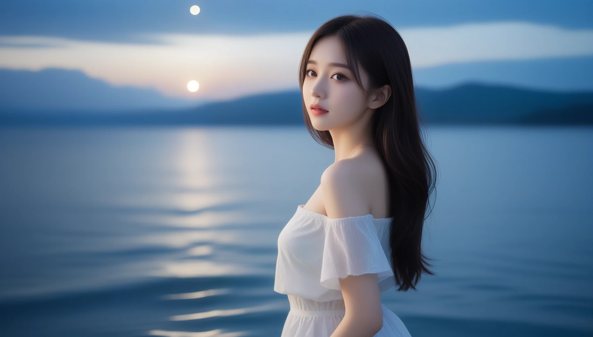 8k, Ultra-high resolution, highest quality, masterpiece, Surreal, photograph, girl1名, (:1.3), かわいいgirl, Cute Face, Beautiful eyes in every detail, 細かくdetailedに,masterpiece,Japan Female Announcer,((masterpiece, highest quality)), At night, Light clothing, girl, Put one foot in the water using only your toes, girl standing, girl sideways, girl between the horizon and the sea, Side view, Ripples spread from my toes, The scene is about 20 metres away.., On the Sea, At night, the whole scene is shining, There is a meteor shower、Dynamic pose、 Sexy pose、See through 、Looking at the audience、beauty,Long neck、Laugh a little、Please close your mouth and laugh、(((Ideal body type))),A-cup small breasts :2,Perfect Anatomy、鮮明なdetailed、detailed、Surreal、Light and shadow,Strong light,Fashion magazine cover,Thin lips