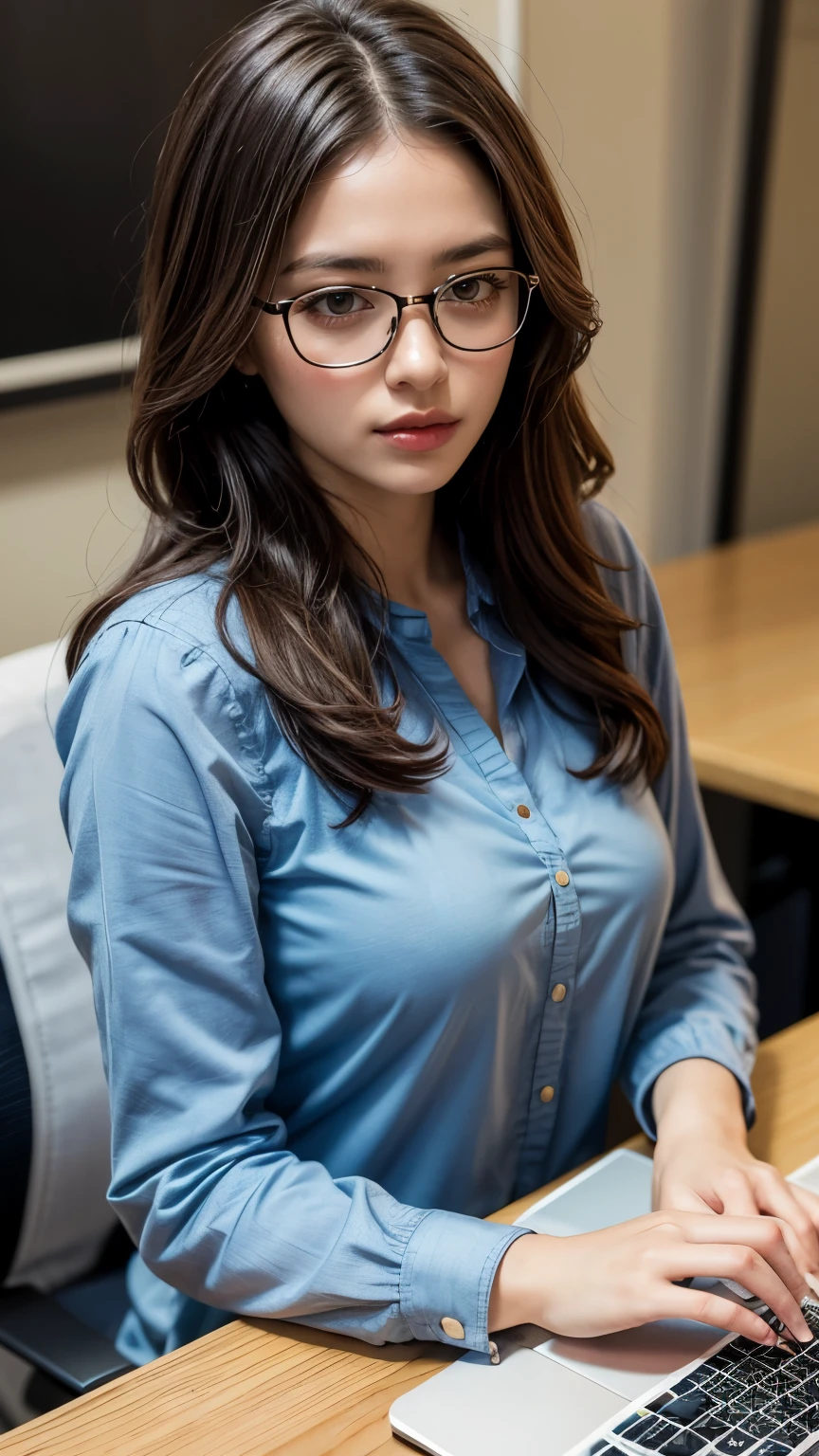 (((masterpiece))), (((best quality))),  1girl , long hair,  batik-kopri, blue shirt, form fitting, red glasses, sitting, typing, laptop, printer, looking at viewer, long sleeves,  amazing intricate finely detailed, office background, bokeh dynamic poses, dynamic angle, 