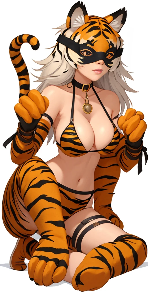1soloMILF gauze blindfolded, animal tiger ears, animal tiger hands, animal tiger print, bell, bikini, breasts, choker, tiger paw claws gloves gauntlets, cleavage, collar, full body, gloves, large breasts, lips, long hair, looking at viewer, navel, neck bell, on bed, tiger paw gloves, tail, thigh highs, tiger ears, tiger print, tiger tail, white hair, sitting on plain background