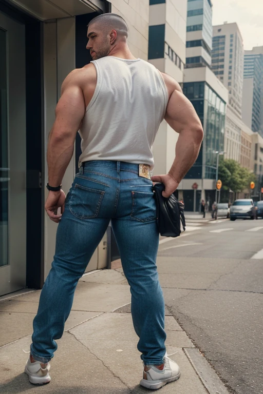 Man in off-white clothes, full body, American round inch head, Buzz cut, national character face, tall and burly, muscular male hero, heroic male pose, muscular! Wearing skins brand bodysuit tights, black hair, super gain and cool, high resolution committee, character design cycling enthusiast, sneakers, attractive strong man, (big butt), jeans ((backside bent over))