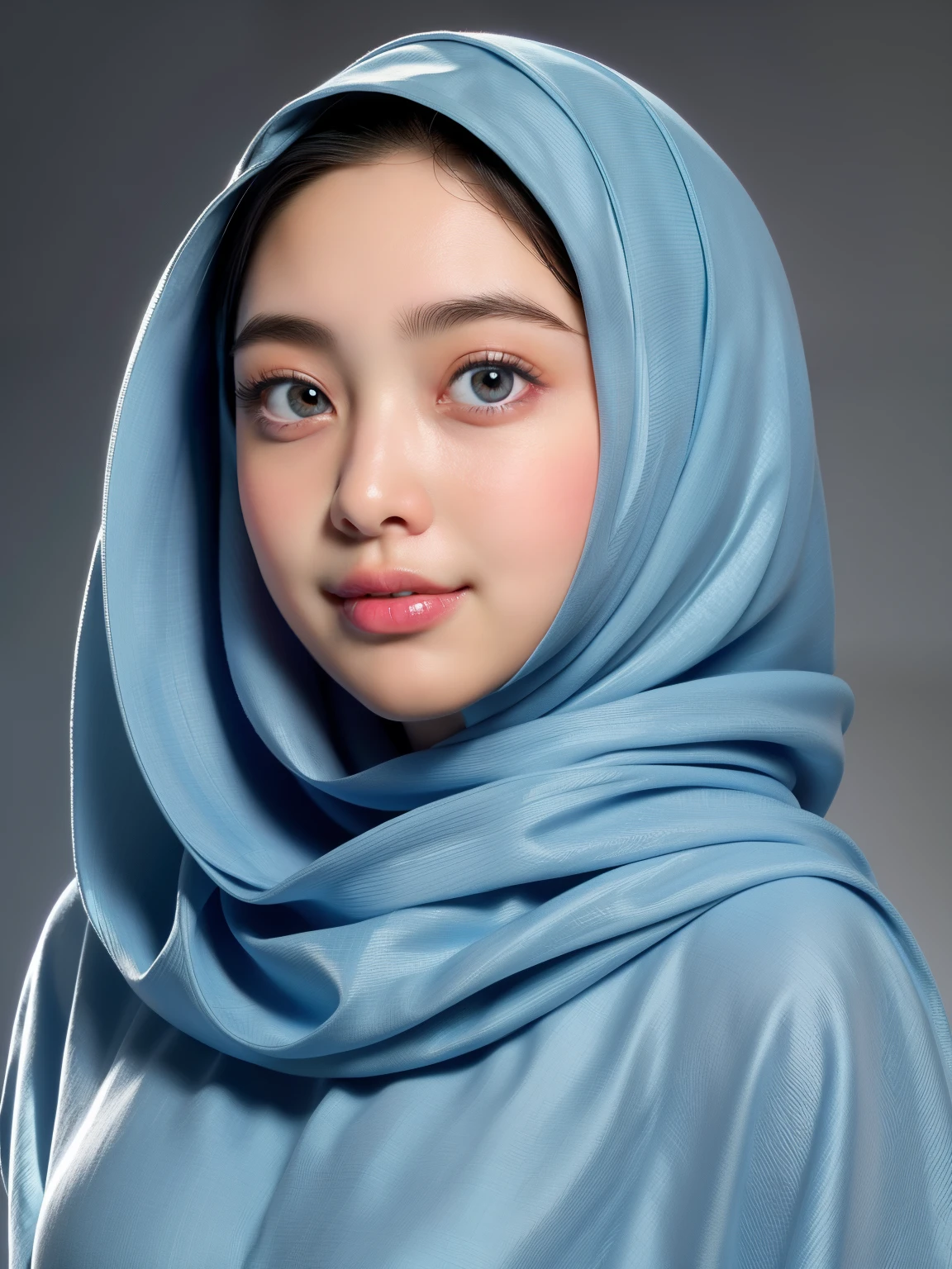(Masterpiece: 1.4, Best Quality): This exquisite 8k wallpaper showcases full body portrait of Indonesian girl in elegant detail. Dressed in a full covered cloth long, beautiful light blue hijab and jubba thobbe, she exudes an air of tranquility and aesthetic beauty. The perfect lighting illuminates her every feature, revealing intricate details of her slim body and medium-sized, covered breasts. Her face is a portrait of perfection, with highly detailed facial features including subtle blush and a captivating expression that plays with the eyes, rolling, crossed, or simply expressive. The background is equally detailed, bursting with unity and realism. (Solo)