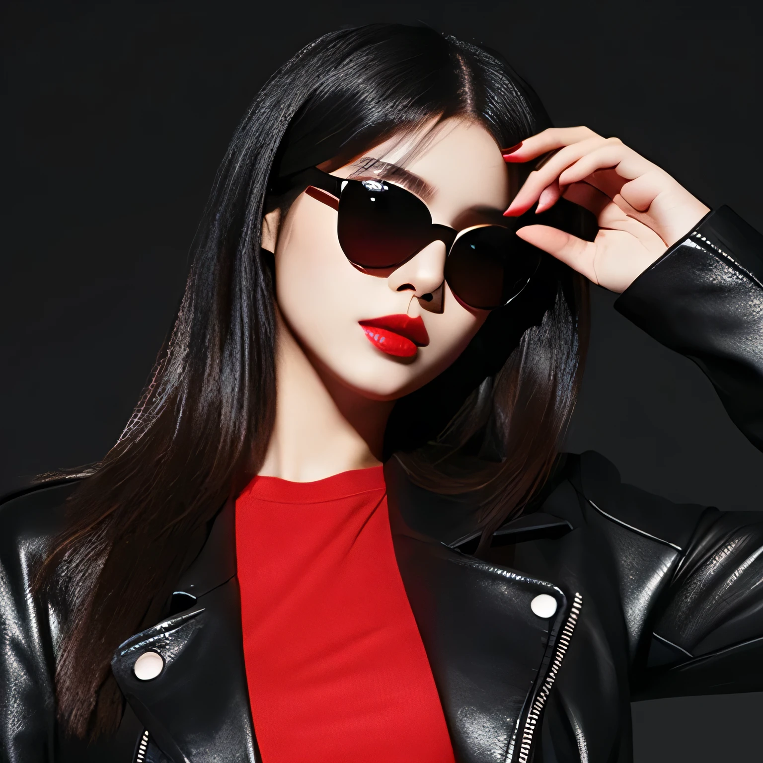 Female, Stylish, Foxy pitch-black sunglasses, Black hair, Leather jacket, Long straight hair, Bright red lips, Dark background
