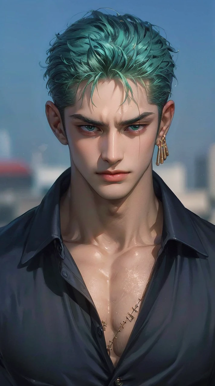 4k, high resolution, best quality, masterpiece, perfect color, perfect shade, perfect lighting, ((portrait)), ((handsome man)), perfect male figure, Short hair details,chest muscles,abdominal muscles,Naked torso, Detailed face, perfect face, (stood up), Detailed background, ((Bonifasco Lighting)), (delicate eyes),(),green hair,