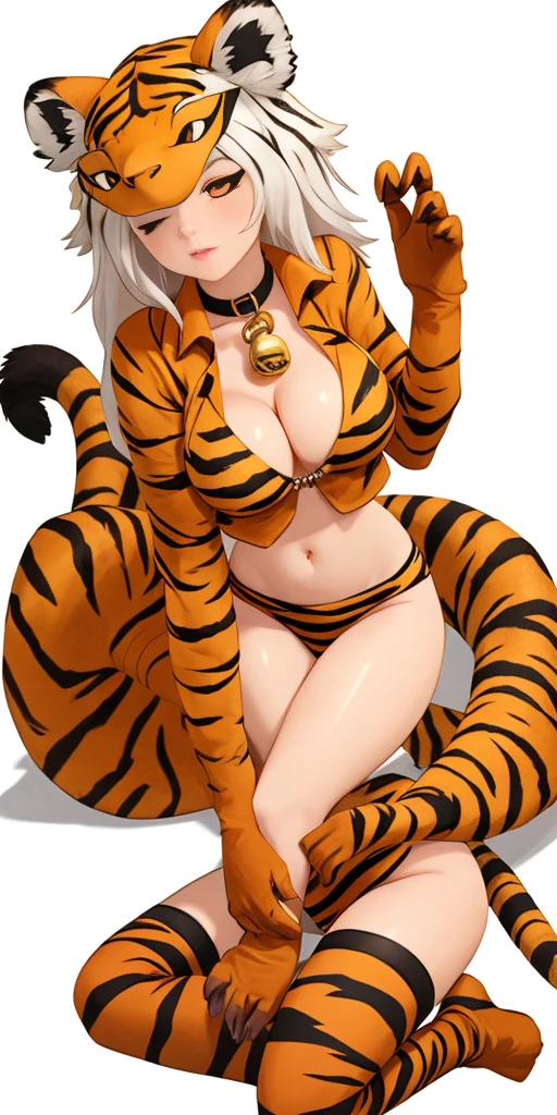 1soloMILF gauze blindfolded, animal tiger ears, animal tiger hands, animal tiger print, bell, bikini, breasts, choker, claws, cleavage, collar, full body, gloves, large breasts, lips, long hair, looking at viewer, navel, neck bell, on bed, tiger paw gloves, tail, thigh highs, tiger ears, tiger print, tiger tail, white hair, sitting on plain background