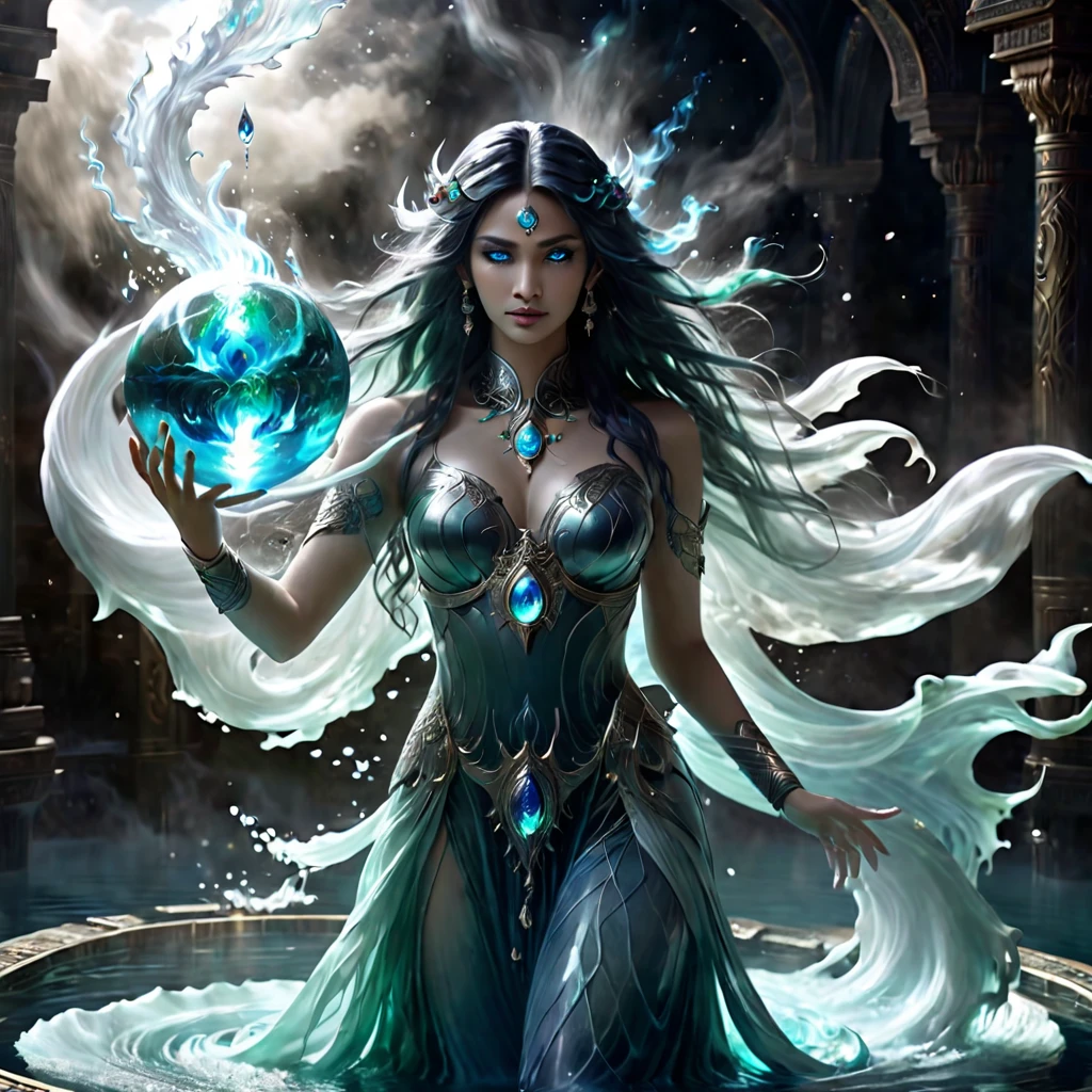 ((best quality)), ((masterpiece)), (detailed), perfect face Pradnya Paramitha, holding an orb, in wrath, mythical scene , water wrapped around body, perfect body, perfect face, perfect hands, hold an blue flames astral orb, floating on water, blue flames eyes, wavy long hair, no dress, body exposed, disclose, ethereal white dragon, ethereal water, ethereal, massive smoke, blue-green smoke, feet on clouds, UHD, ultra detailed, hyper realistic, surrealism, epic realism, shiny body, glowing
