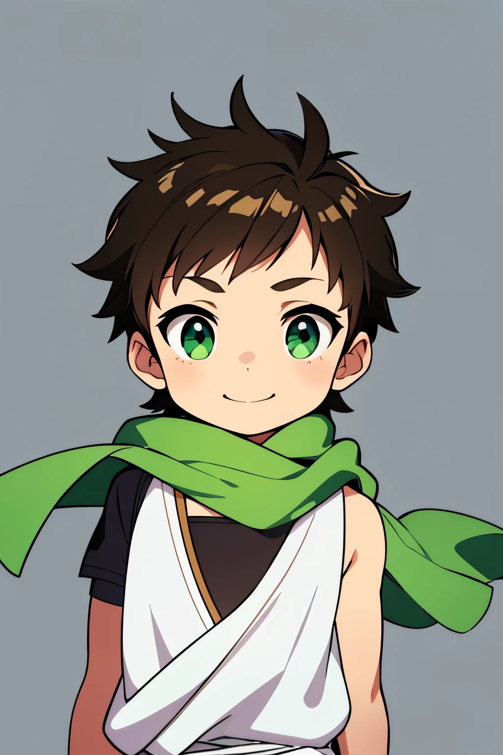 (high-quality, breathtaking),(expressive eyes, perfect face) 1boy, male, solo, toddler age, short height, chibi style art, age 5, dark brown color hair, green eye color, spiky fluffy hair, wavy hair, short hair length, cute smile, cute face, childlike face, white tunic, green trim, green scarf, Symmetrical Eyes, portrait, positive expression, grey background, greek clothes, ancient Greek clothes