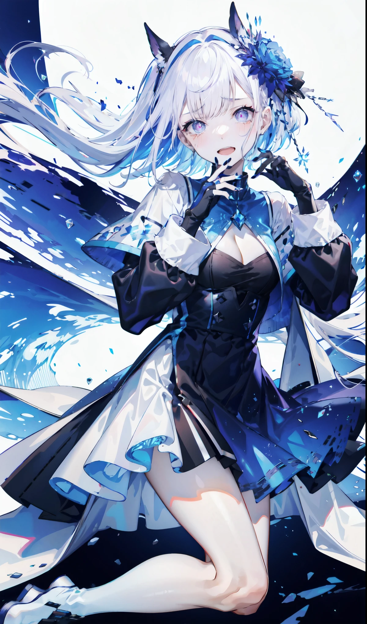 （（masterpiece：1.4，best quality）），（Super detailed），（Extremely detailed eyes），（Black leggings，Shiny socks：1.5），Hello Darkness
（Cute girls），15 years old，（Blood-red pupils，Diamond-shaped pupil：1.15），Purple Eyeshadow，（Elongated hair，Thick hair，Single ponytail，shiny hair：1.5）（Variza：1.2），Fair skin，despair，Grief，Empty eyes，Tears streaming down my face，tilt head to one side，Kneel down
（She wears blue armor，A blue dress，：1.5），（blue gloves：1.4）Very long plush sleeves，Chained hands，White，White Cloud，Dream bubbles ，Black nails，Ice and glitter effects
（Black long skirt：1.1），
（dawn：1.2），
（Intense black and white：1.16），（Depth of Field：1.4），，Intricate details，