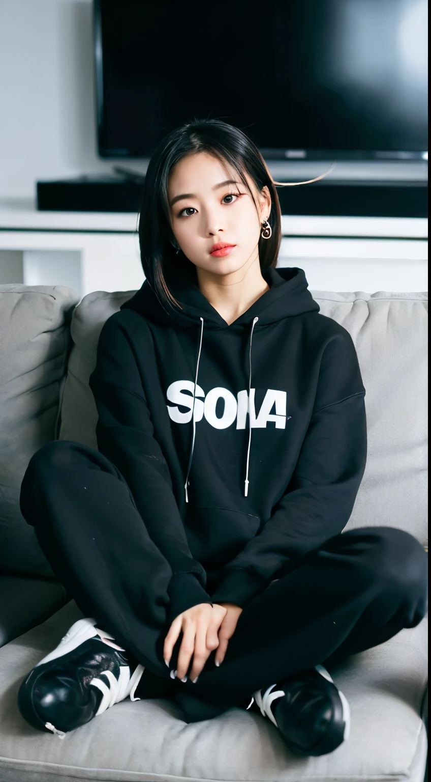 arafed woman in a black hoodie sitting on a couch, black haired girl wearing hoodie, captured on canon eos r 6, portrait of jossi of blackpink, taken with canon 5d mk4, shot on canon eos r 5, shot on canon eos r5, taken with canon eos 5 d mark iv, taken with canon 8 0 d