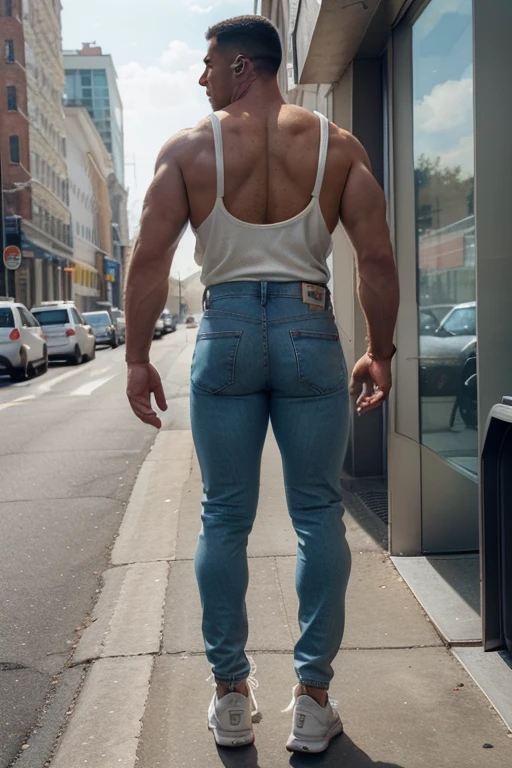 Man in off-white clothes, full body, American round inch head, Buzz cut, national character face, tall and burly, muscular male hero, heroic male pose, muscular! Wearing skins brand bodysuit tights, black hair, super gain and cool, high resolution committee, character design cycling enthusiast, sneakers, attractive strong man, (big butt), jeans backside (((bent over)))