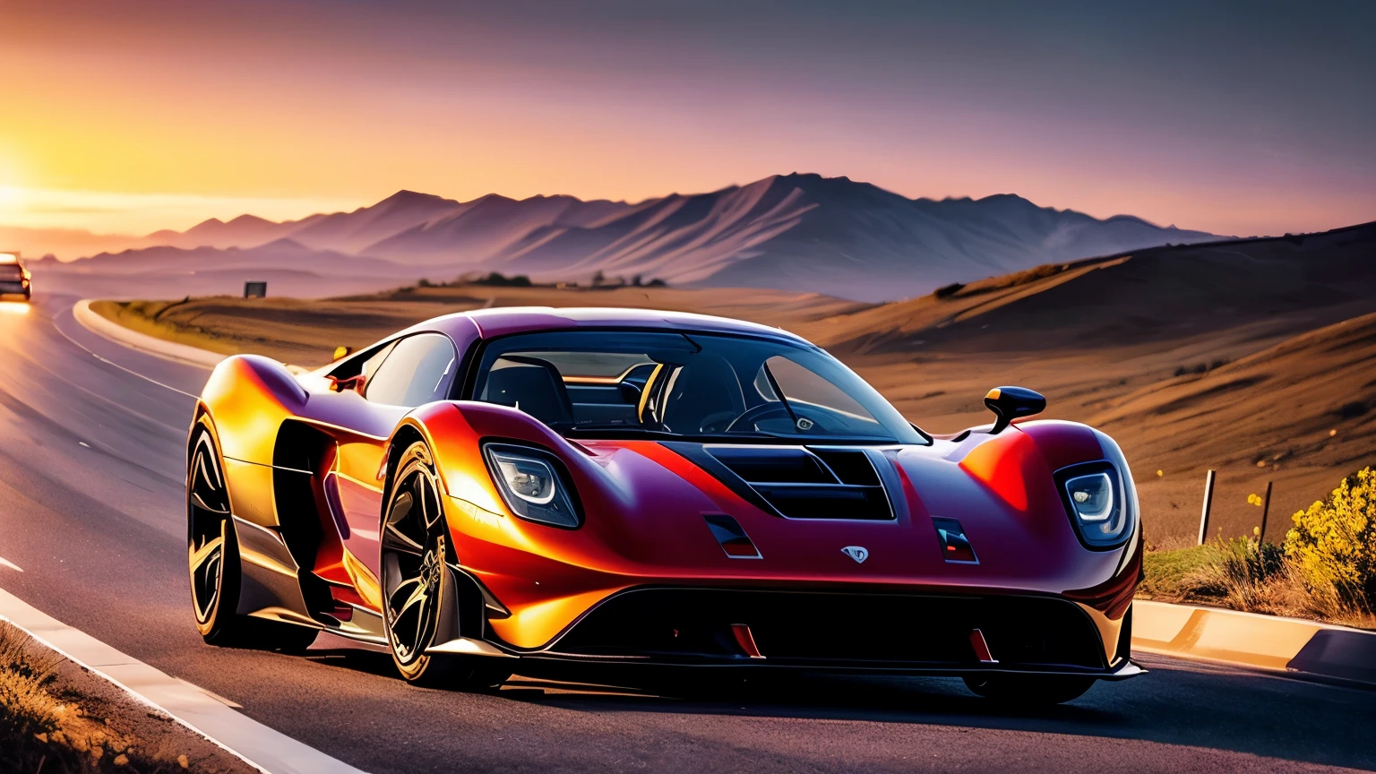 Picture a super race car cruising down a perfectly straight highway towards a stunning horizon. The car’s retro design and polished exterior gleam in the soft glow of the setting sun. The road is lined with rolling hills and colorful wildflowers, creating a charming and inviting path. Above, the sky is painted with deep oranges, pinks, and purples as the sun sets. Wispy clouds catch the fading light, adding a touch of magic to the scene. The car iconic shape moving smoothly through the tranquil landscape. As the car heads towards the radiant horizon, bathed in golden light, the scene captures the spirit of adventure and the timeless appeal of the open road.