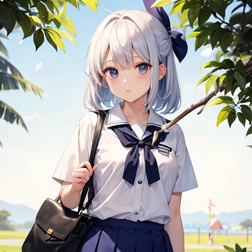 whole body、woman、White short sleeve shirt、Navy blue mini skirt、White socks、Black shoes、Are standing、Upper body leans forward、Holding a candy on a stick in one hand and placing it in one's mouth、The other arm is hanging down with the fingers spread apart.、Draw from head to toe