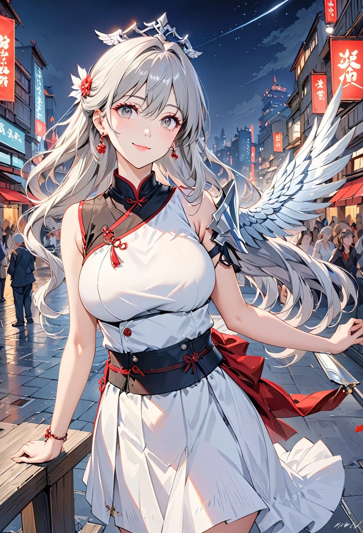 (Realistic Painting Style:0.9),Masterpiece,Best Quality,Absurd,Looking at Audience,Alone,blonia zaichk (Silver Wing n-ex),blonia zaichk,Red Pupil,1 Girl,Alone,Breast,long hair,Skirt,Gray Hair,Cleared,Looking at Audience,smile,Closed Mouth,Liuhai,Grey Eyes,Jewelry,single_glove,earrings,white skirt,gloves,bare shoulder,sleeveless skirt,drill hair,sleeveless,single_sleeve,hair between eyes,large breast,double diamond,white sleeve,hair_ornament,shoulder armor,city,night,