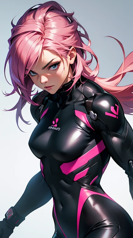 Beautiful cybernetic girl pink hair looking at camera in black and crimson underwear body suit detailed muscles realistic masterpieces dynamic poses