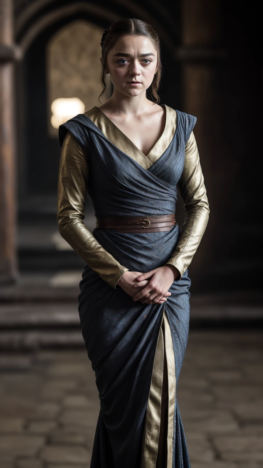 Foto RAW, Arya Stark, Extremely gorgeous lady, Arya Stark PLAYED BY MAISIE WILLIAMS, Queen Arya Stark, full body view, she a mature woman now, milf, sexy mediaeval battle dress, gladiator woman, body, 40 years old Woman, body revealing costumes, perky breast, big natural breast, erotic costumes, lusty physique, seductive figure can capture every people's attention, Game of thrones costumes, revealing captivating figure, Mediaeval costumes, revealing clothes, A tomboy, she would rather fence than dance, warrior queen , game of thrones screen caps, Game of Thrones Series, (pele altamente detalhada: 1.2), 8k UHD, DSLR, soft-lighting, alta qualidade, grain of film, Fujifilm XT3, flawless picture, highly detailed, detailed Beauty, intricate, 32k, sharp picture,