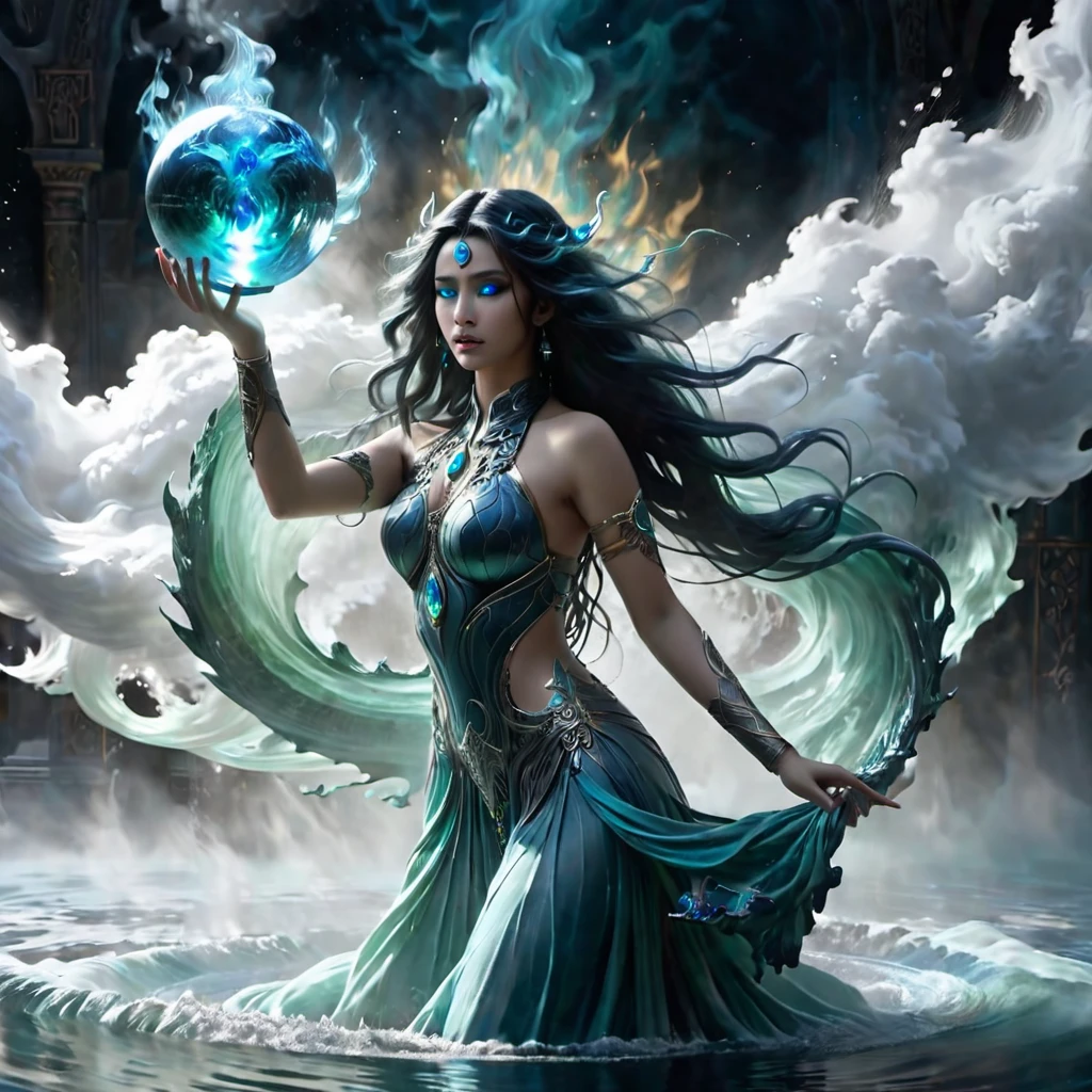 ((best quality)), ((masterpiece)), (detailed), perfect face Pradnya Paramitha, holding an orb, in wrath, mythical scene , water wrapped around body, perfect body, perfect face, perfect hands, hold an blue flames astral orb, floating on water, blue flames eyes, wavy long hair, no dress, body exposed, disclose, ethereal white dragon, ethereal water, ethereal, massive smoke, blue-green smoke, feet on clouds, UHD, ultra detailed, hyper realistic, surrealism, epic realism, shiny body, glowing