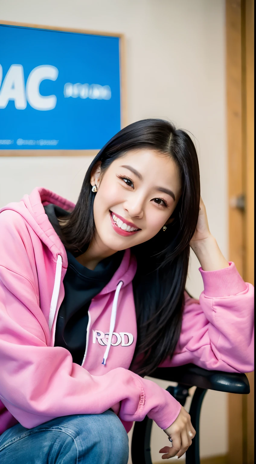 arafed woman sitting in a chair with a smile on her face, portrait of jossi of blackpink, taken with canon 5d mk4, portrait jisoo blackpink, captured on canon eos r 6, shot on canon eos r5, shot on canon eos r 5, jossi of blackpink, black haired girl wearing hoodie, jisoo of blackpink, jisoo from blackpink