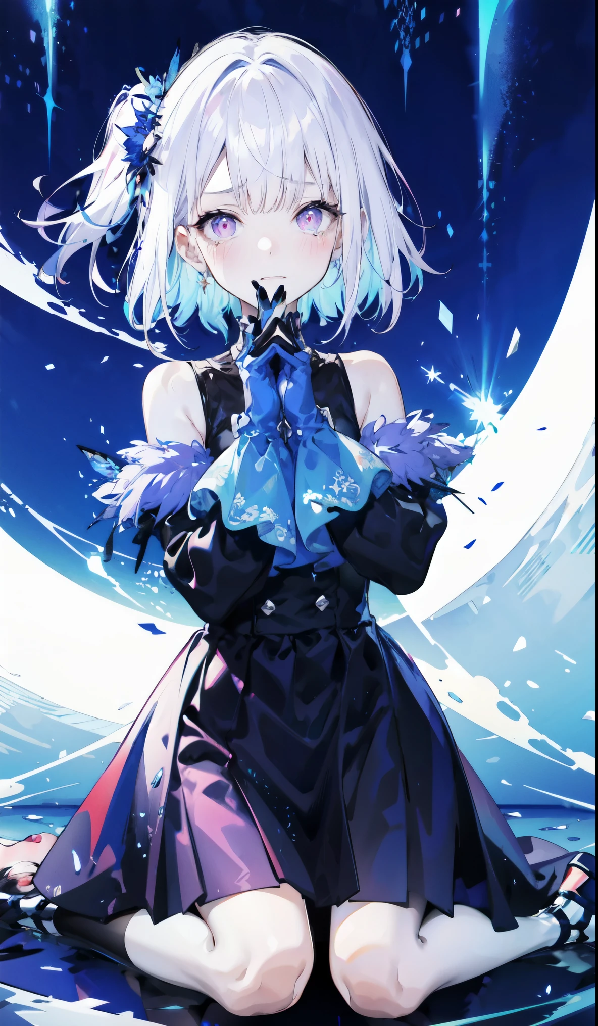 ((masterpiece:1.4,best quality)),(Super detailed),(Extremely detailed eyes),(Black leggings,Shiny socks:1.5),Hello Darkness
(Cute girls),,(Blood-red pupils,Diamond-shaped pupil:1.15),Purple Eyeshadow,(Elongated hair,Thick hair,Single ponytail,shiny hair:1.5)(Variza:1.2),Fair skin,despair,Grief,Empty eyes,Tears streaming down my face,tilt head to one side,Kneel down
(She wears blue armor,A blue dress,:1.5),(blue gloves:1.4)Very long plush sleeves,Chained hands,White,White Cloud,Dream bubbles ,Black nails,Ice and glitter effects
(Black long skirt:1.1),
(dawn:1.2),
(Intense black and white:1.16),(Depth of Field:1.4),,Intricate details,