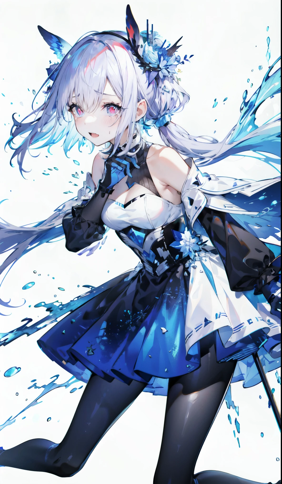 ((masterpiece:1.4,best quality)),(Super detailed),(Extremely detailed eyes),(Black leggings,Shiny socks:1.5),Hello Darkness
(Cute girls),,(Blood-red pupils,Diamond-shaped pupil:1.15),Purple Eyeshadow,(Elongated hair,Thick hair,Single ponytail,shiny hair:1.5)(Variza:1.2),Fair skin,despair,Grief,Empty eyes,Tears streaming down my face,tilt head to one side,Kneel down
(She wears blue armor,A blue dress,:1.5),(blue gloves:1.4)Very long plush sleeves,Chained hands,White,White Cloud,Dream bubbles ,Black nails,Ice and glitter effects
(Black long skirt:1.1),
(dawn:1.2),
(Intense black and white:1.16),(Depth of Field:1.4),,Intricate details,