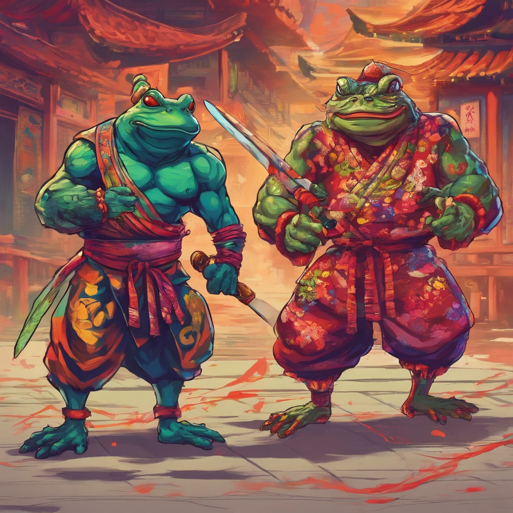 Samurai frog ready to fight in front of Kabuki protect princess