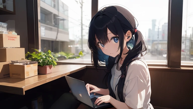 Lo-fi music vibes、Please draw me a cute anime style illustration。
Please draw an illustration of a cute girl wearing earphones..。
10 a.m.。The weather is sunny。Outside the window is a city background。Head to waist。Sitting on a chair in a coffee shop。Working on a laptop。Black hair color。Please draw me an illustration of a cute girl。Use pastel and soft colors、Expressing a gentle atmosphere。The light shines。
As an accent color、Use vibrant colors。
Keep the color wheel in mind、Maintain a consistent color scheme。