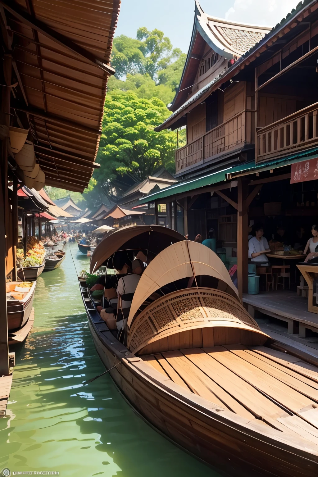 Imagine a lively Thai floating market bustling with activity. Wooden boats, intricately detailed and adorned with colorful awnings, float along a gently flowing canal. Vendors enthusiastically sell a variety of vibrant goods, from fresh fruits and vegetables to flowers and spices. Shoppers examine items, children play, and people interact with expressive faces and dynamic movements. The market is surrounded by lush greenery and traditional Thai wooden buildings. Use a vibrant color palette to highlight the diverse goods and natural surroundings, with warm, natural sunlight casting reflections and shadows on the water. Add subtle magical elements, like glowing lanterns and small whimsical creatures, to capture the enchanting feel of Studio Ghibli. Ensure the scene is rich with cultural authenticity, including traditional Thai designs and local flora and fauna, creating a vibrant, lively, and immersive floating market.