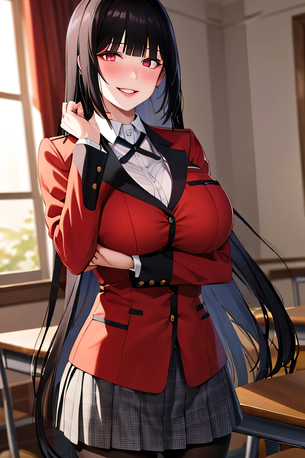 (8k, RAW Photos, highest quality, masterpiece: 1.2),Emyu,Long black hair,Blunt bangs, A natural smile with all teeth showing,uniform,Red jacket,Black Pantyhose,White shirt,Black Ribbon,Pleated skirt,Long sleeve,Shining Eyes, (Big Breasts:1.2),Cowboy Shot,evening,In the classroom