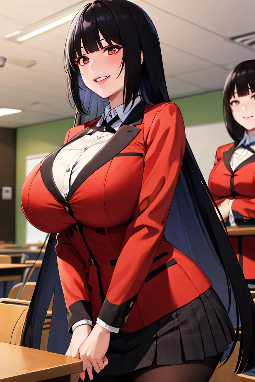 (8k, RAW Photos, highest quality, masterpiece: 1.2),Emyu,Long black hair,Blunt bangs, A natural smile with all teeth showing,uniform,Red jacket,Black Pantyhose,White shirt,Black Ribbon,Pleated skirt,Long sleeve,Shining Eyes, (Big Breasts:1.2),Cowboy Shot,evening,In the classroom