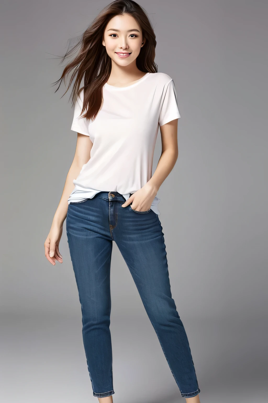 Mastepiece, highest quality, figure, Super fine, be familiar with, High resolution, 8K Wallpaper, whole body, Beautiful eyes in every detail, 20-year-old women, Natural lips, Wearing a plain black T-shirt, Asian Woman, Crew neck T-shirt, Plain black T-shirt, Smaller breasts, T-shirts are short sleeves, Pants are jeans, T-shirts should be worn over jeans, Facing forward pose, Body pose seen from the front