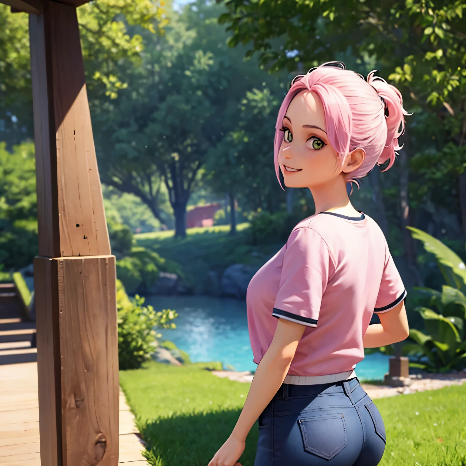 (masterpiece, best quality)), absurd, 1 girl, Brooklyn_Jurassic_Park, alone, smiling, looking at viewer, tropical background, pink hair, has, Pink top, Short jean shorts, looking at viewer, serious and seductive smile, from back, from outside, High quality, masterpiece. big ass, big ass,about come out ass