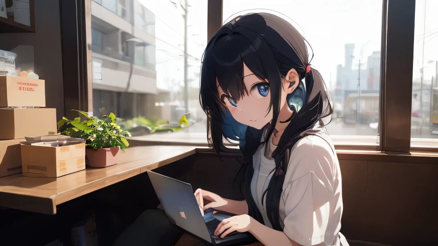 Lo-fi music vibes、Please draw me a cute anime style illustration。
Please draw an illustration of a cute girl wearing earphones..。
10 a.m.。The weather is sunny。Outside the window is a city background。Head to waist。Sitting on a chair in a coffee shop。Working on a laptop。Black hair color。Please draw me an illustration of a cute girl。Use pastel and soft colors、Expressing a gentle atmosphere。The light shines。
As an accent color、Use vibrant colors。
Keep the color wheel in mind、Maintain a consistent color scheme。